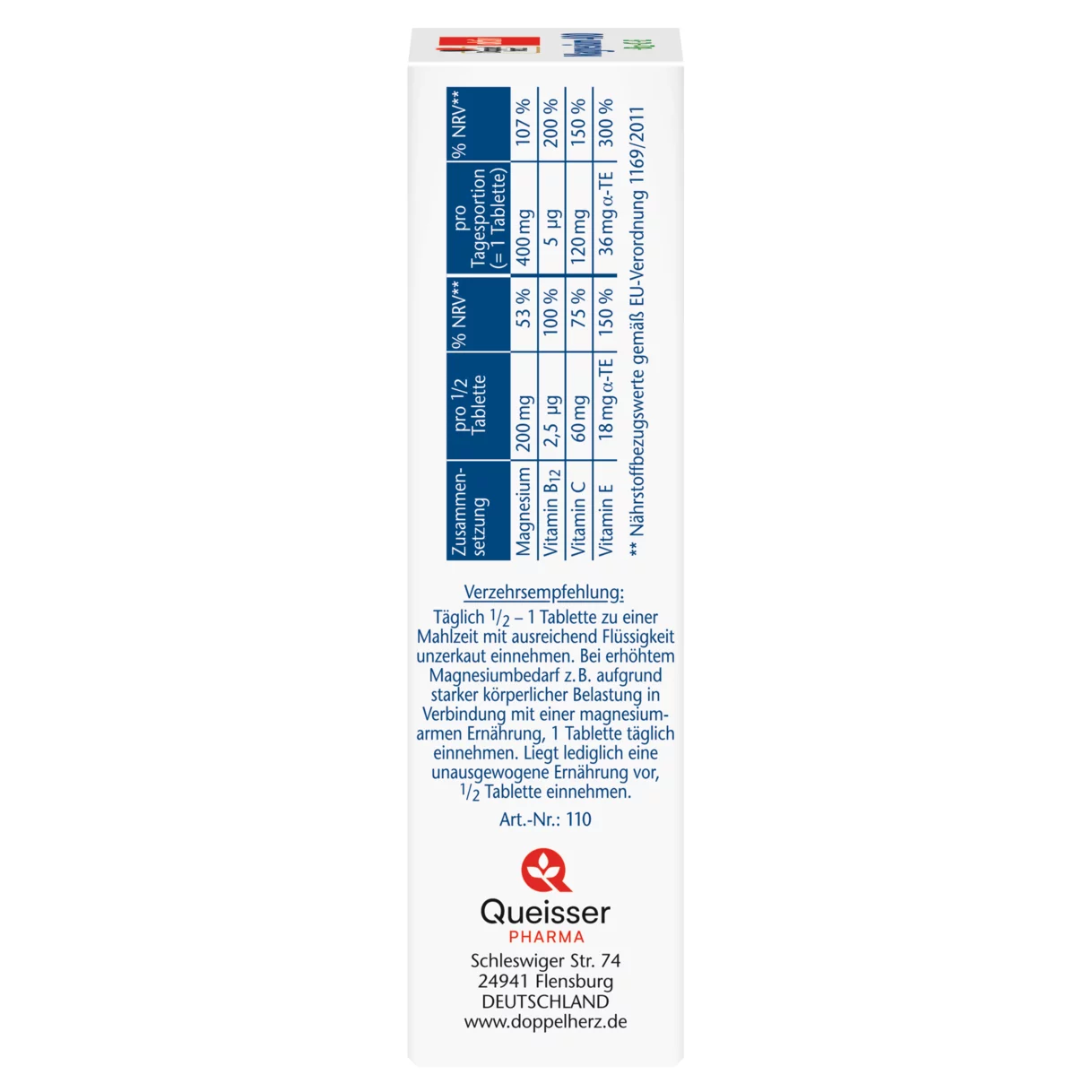 Abbildung der Produktverpackung Doppelherz aktiv Magnesium 400 + B12 + C + E Seitenansicht links